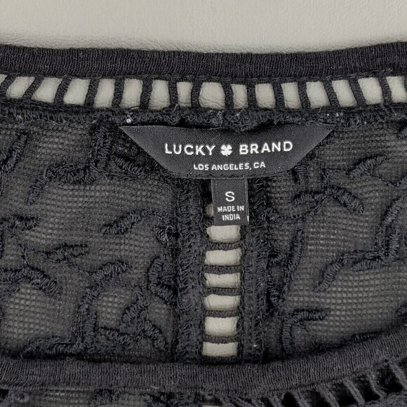 Lucky Brand Top Women Small Black Peasant Lace Crochet Linen-Modal Blouse Flowy - Picture 12 of 13